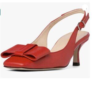 miss left Women Cute Bows Slingback Pumps Closed Square Toe Low Kitten Heels Red